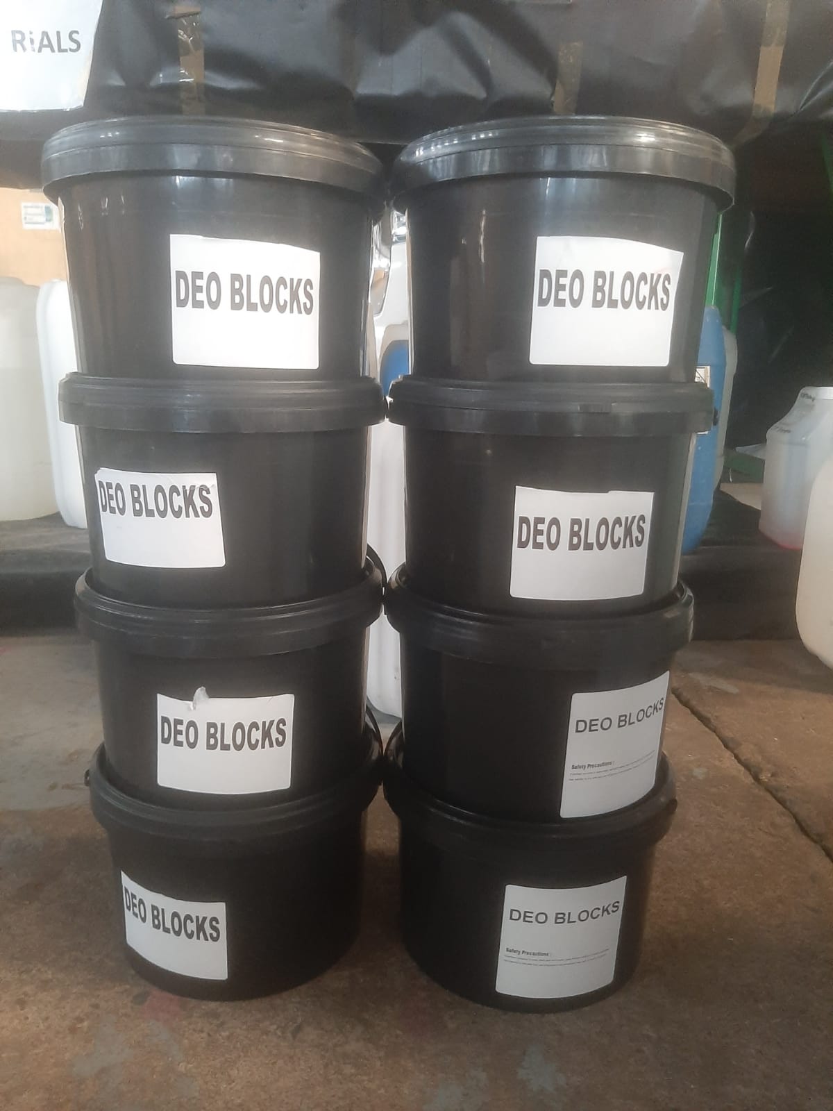 Black buckets of Deo Blocks chemical